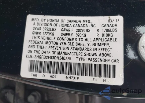 2013 Honda Civic Ex z USA, uszkodzony, nr VIN 2HGFB2F83DH540779